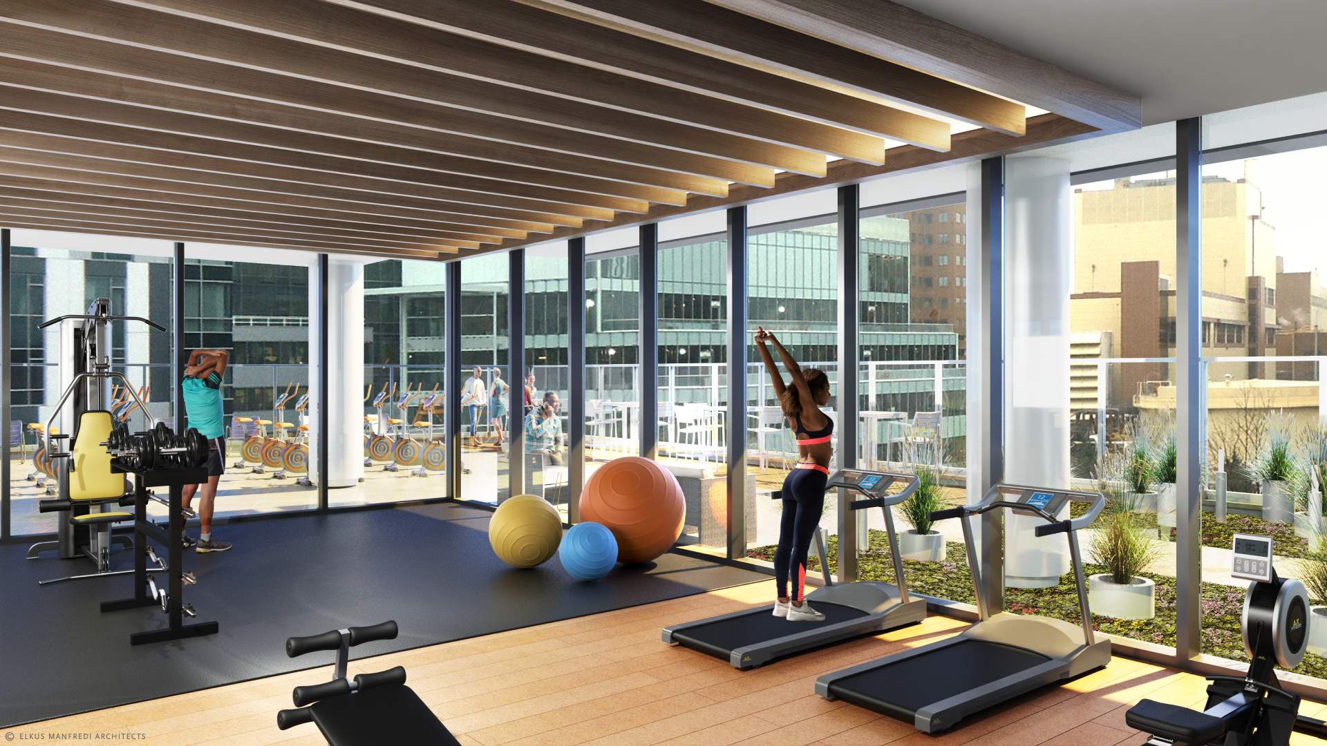 Fit65, our state-of-the-art fitness center looks over our landscaped garden and views of the neighborhood.